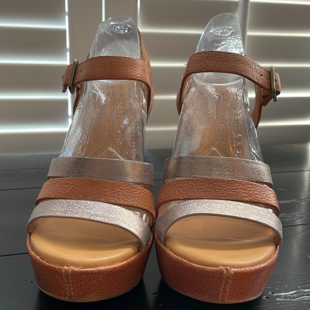 EUC Kork-Ease neutral tan and silver metallic strap high wedge sandals